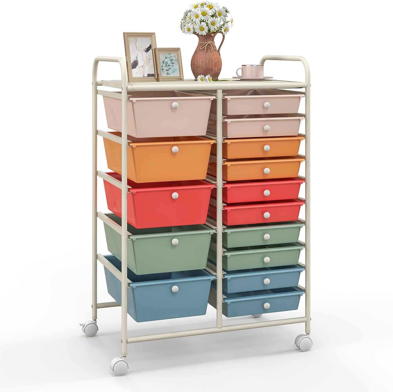 Classroom rolling cart with fifteen colorful drawers, a top work surface, and wheels